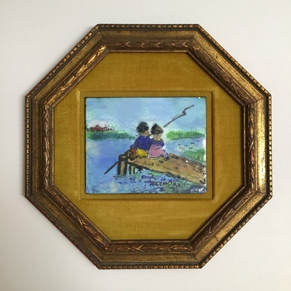 Enamel on Copper SIGNED Helen Regenstreif Children Fishing on Pier 10” Vintage